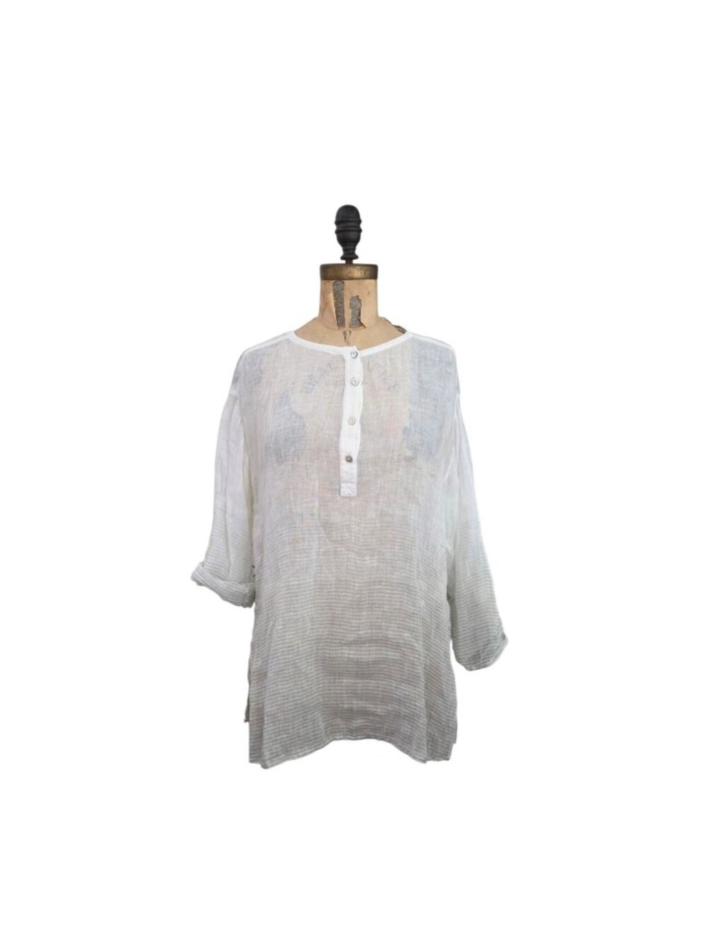 Eileen Fisher Linen Stripe Roll Tab Sleeve Henley Tunic Top Gray White S